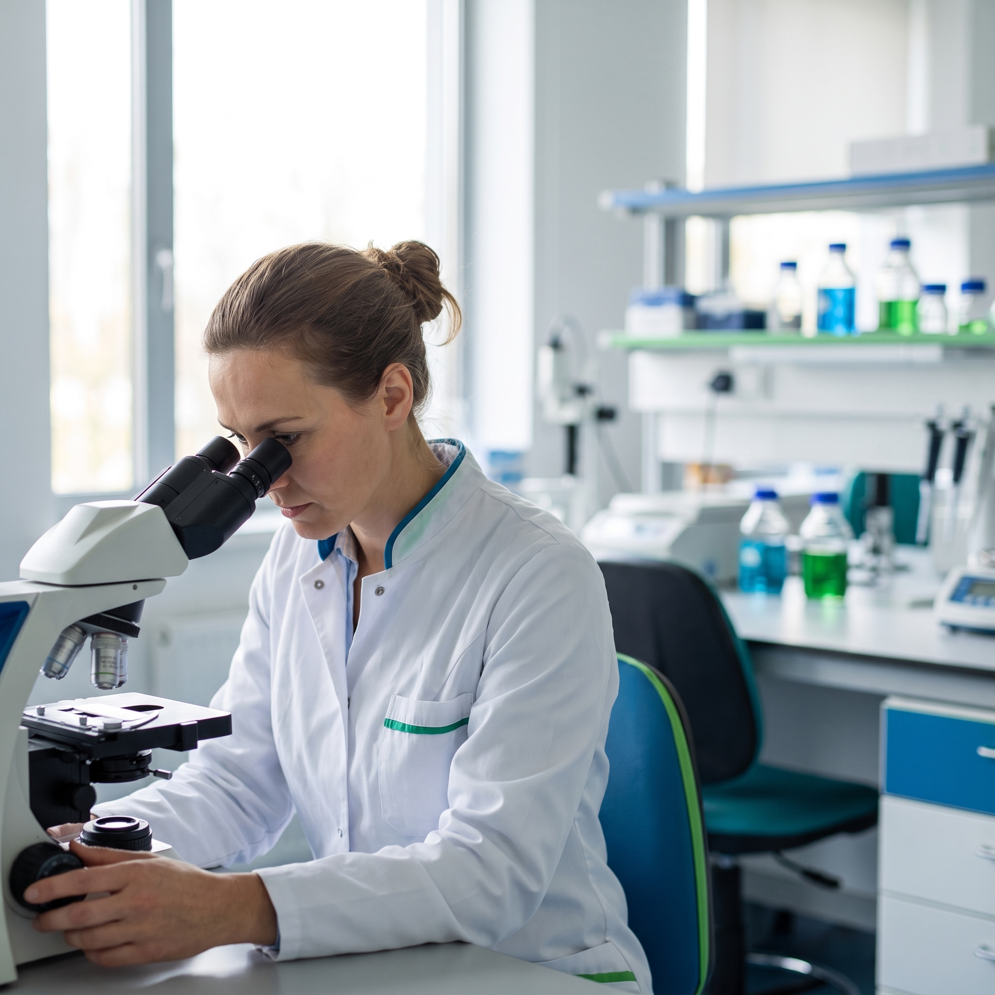Lab scientist analyzing a sample under a microscope